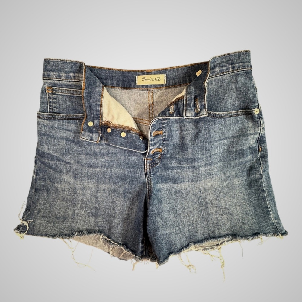 Madewell High-Rise Denim Shorts Size 28 Medium Wash Button Fly Raw Hem